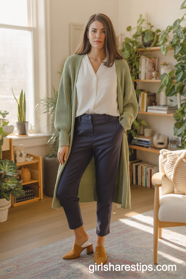 Sage Green Cardigan with Navy Pants