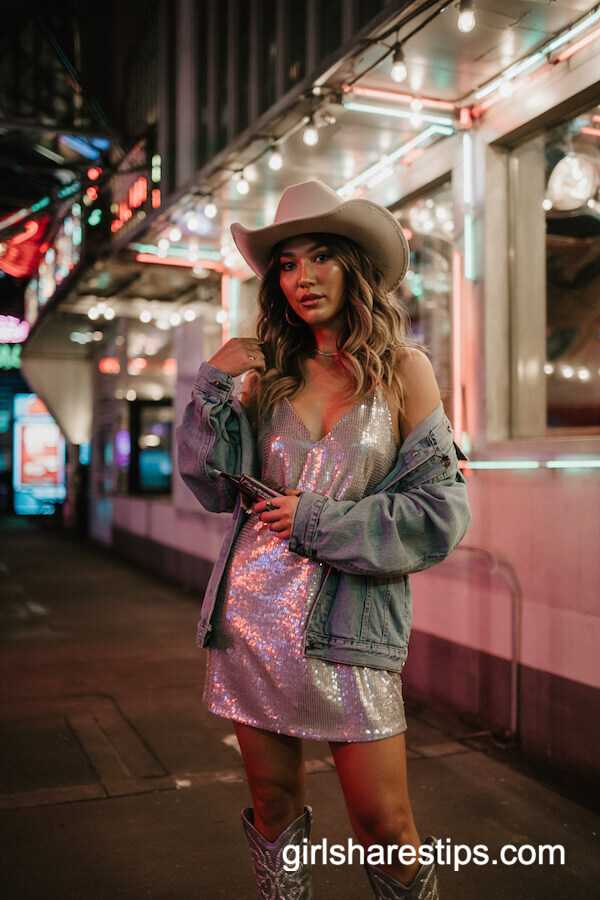 Silver Sequin Mini Dress with Denim Jacket & Cowboy Boots