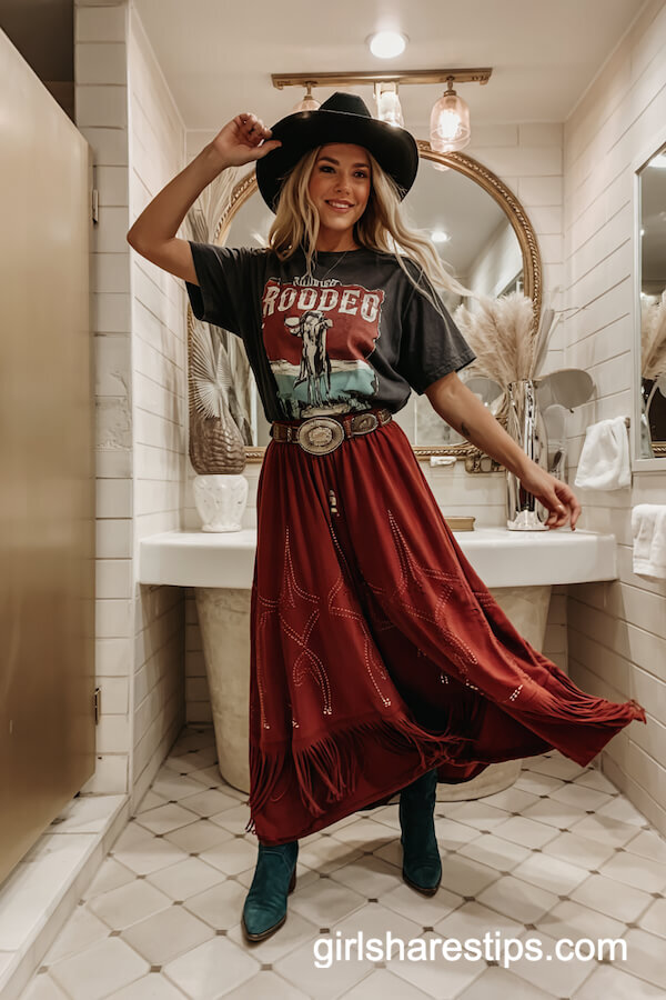 Burgundy Fringe Skirt with Retro Rodeo Tee & Teal Boots