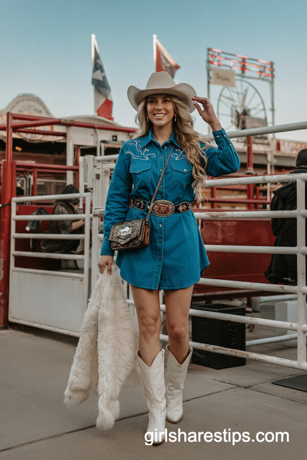 Teal Western Shirt Dress with White Accessories