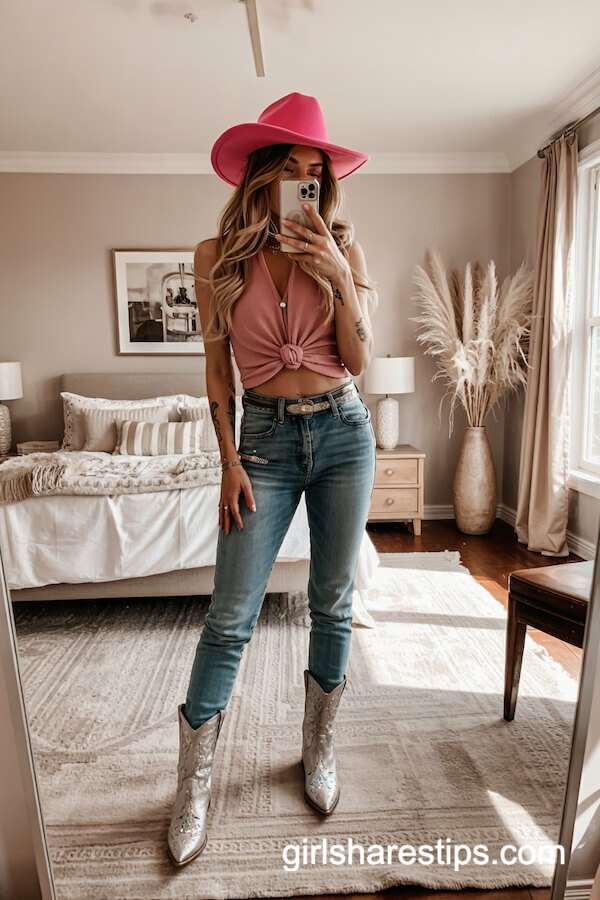 High-Waisted Jeans, Pink Cowgirl Hat & Sparkly Tank Top