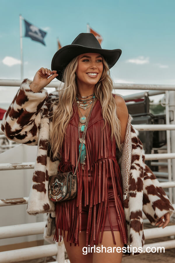 Maroon Fringe Dress with Cow Print Jacket & Turquoise Jewelry