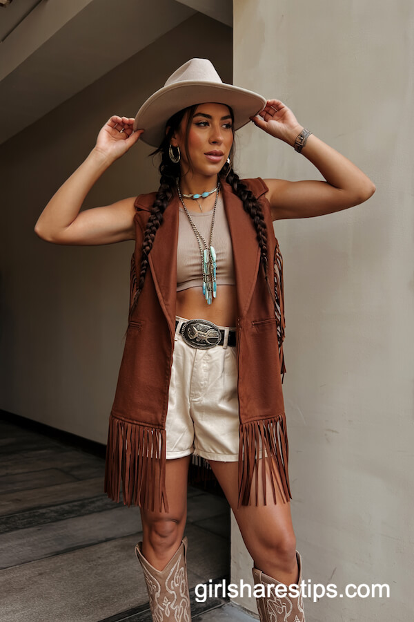 Brown Fringe Vest, Cream Shorts & Taupe Cowboy Hat Look