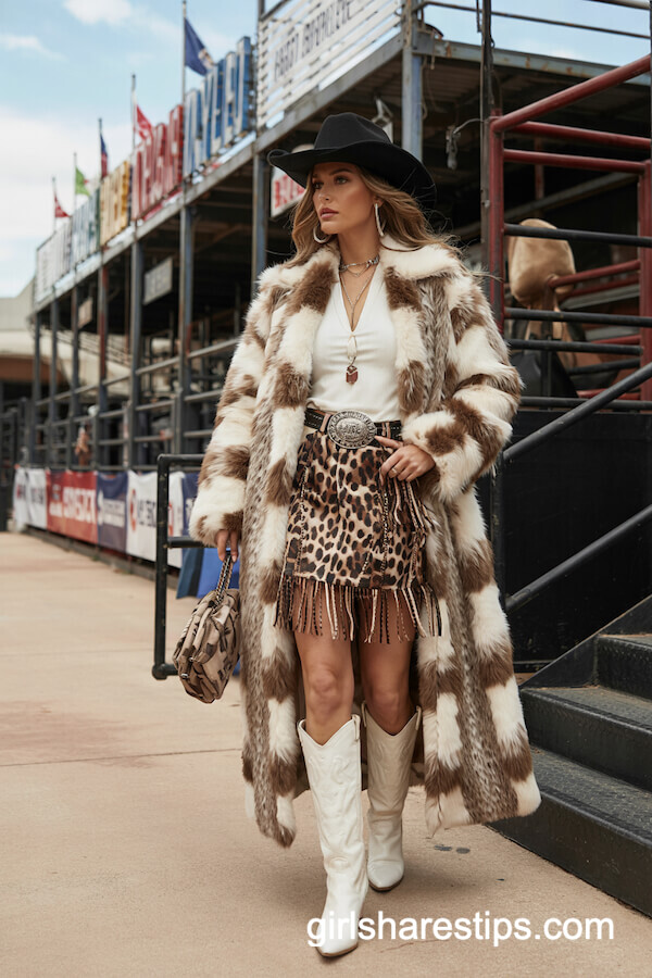 Leopard Fringe Skirt & Faux Fur Coat with White Cowboy Boots