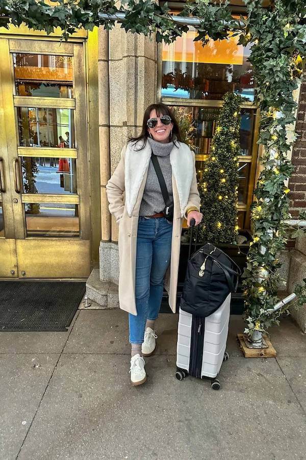 Shearling Coat with Turtleneck and Jeans