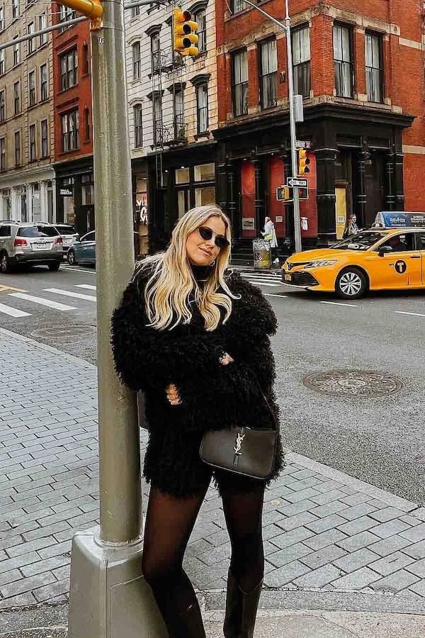 Black Faux Fur Coat and Winter Boots