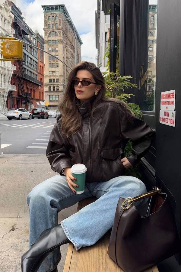 Leather Jacket with Wide-Leg Jeans