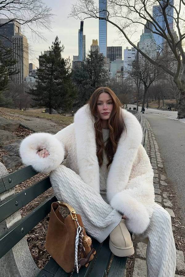 Oversized Faux Fur Coat with Knit Pants
