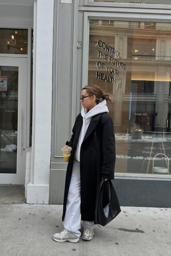 Long Black Coat with Hoodie and Joggers