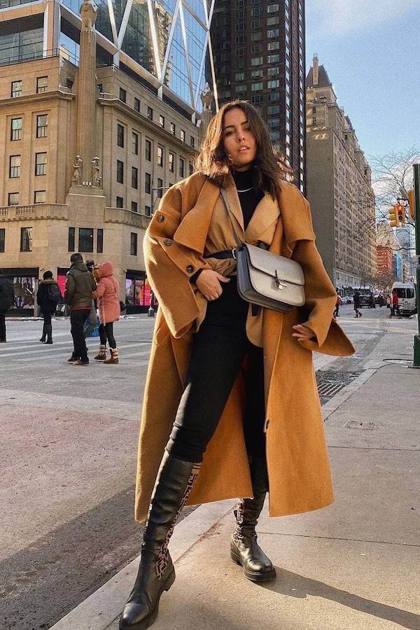 Camel Coat with Black Pants and Knee-High Boots