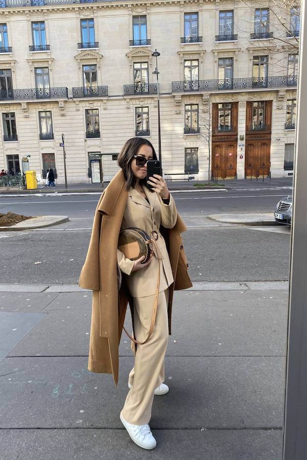 Camel Coat with Neutral Pantsuit