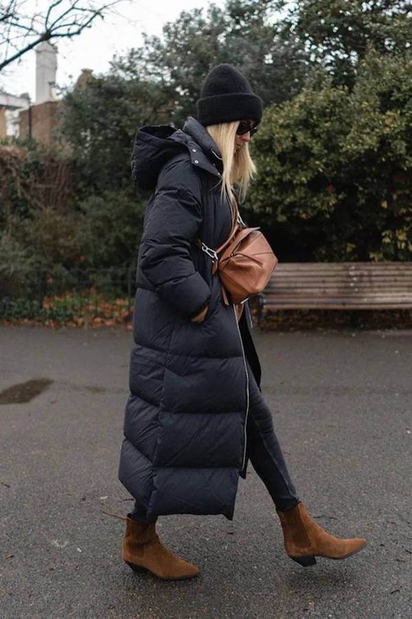 Black Puffer Coat with Skinny Jeans