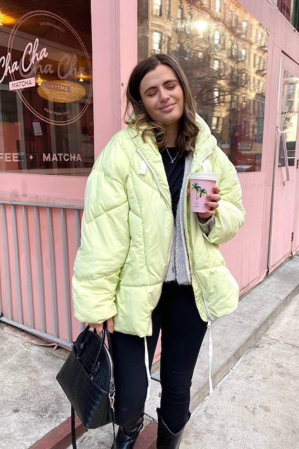 Neon Puffer Jacket with Black Leggings