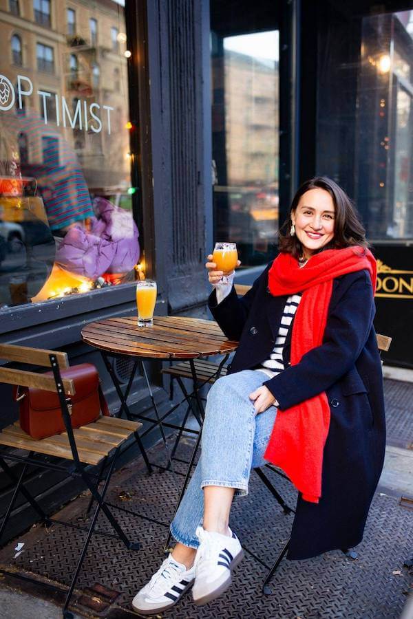 Navy Coat with Red Scarf and Striped Top