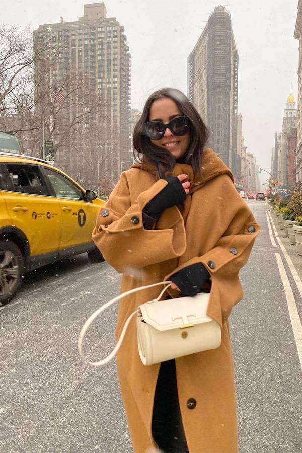Oversized Camel Coat with Black Gloves