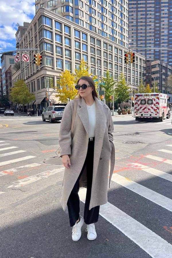 Long Beige Coat with White Sneakers