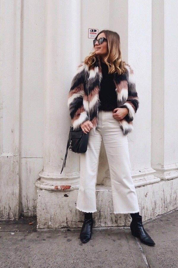 Faux Fur Jacket with White Cropped Pants