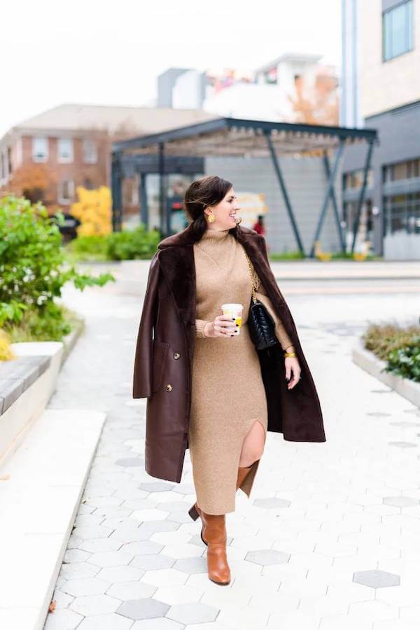Brown Sweater Dress and Classic Winter Coat