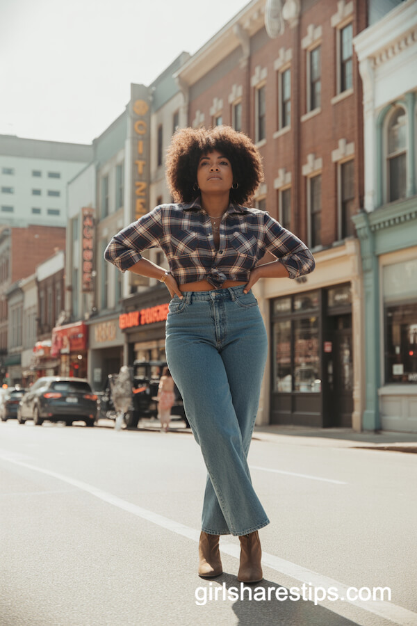 High-Waisted Jeans and Plaid Shirt Combo