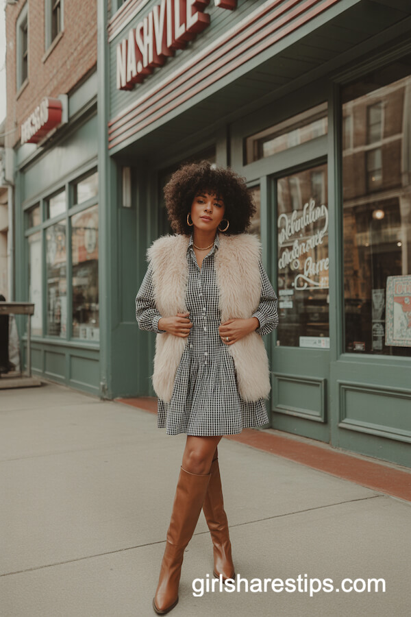 Gingham Dress with Faux Fur Vest