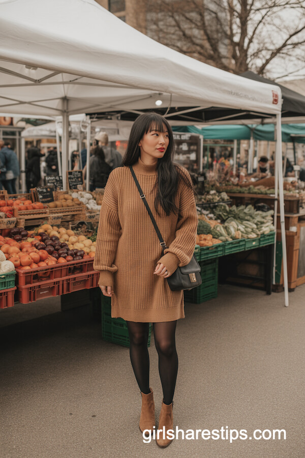 Camel Knit Sweater Dress and Tights