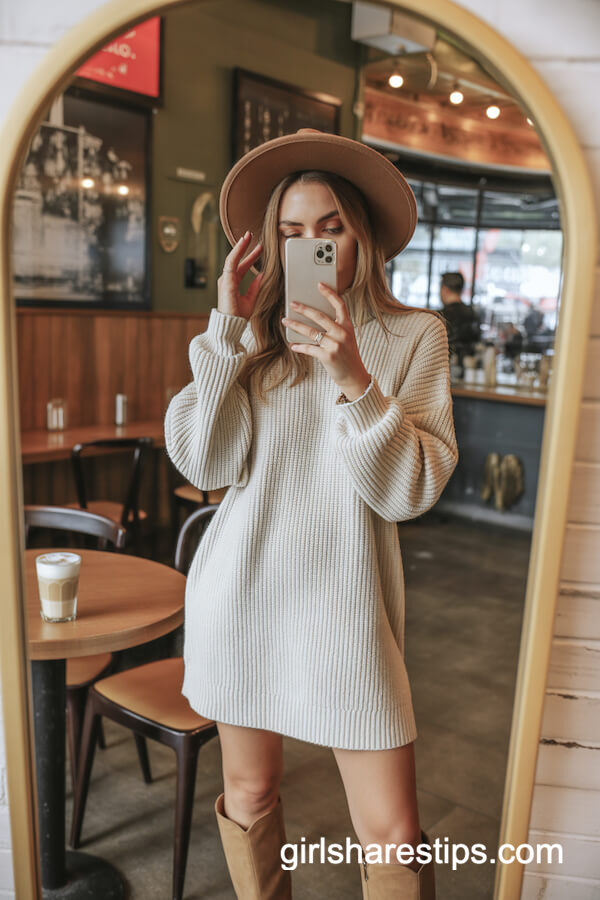 Cream Knit Sweater Dress Knee-High Boots