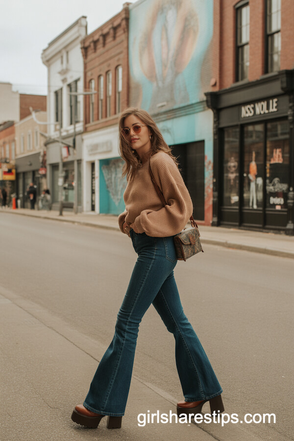 Oversized Tan Sweater Flared Jeans