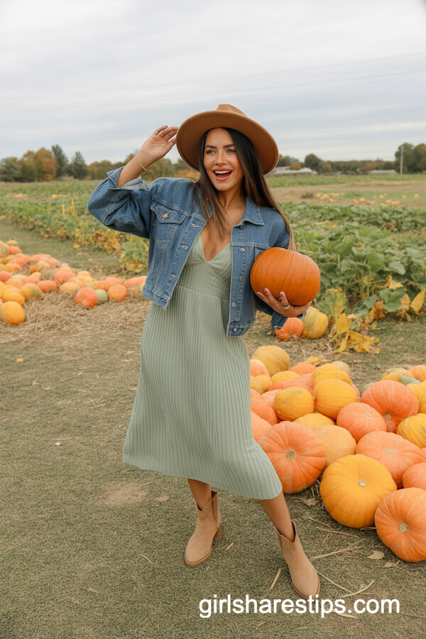 Sage Green Midi Dress with Jean Jacket