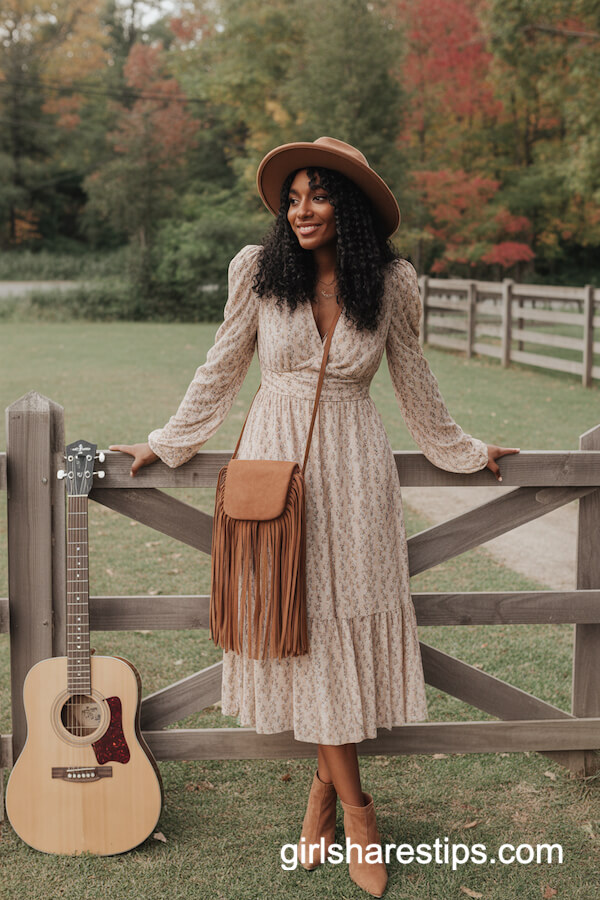 Boho-Chic Floral Dress Wide-Brim Hat