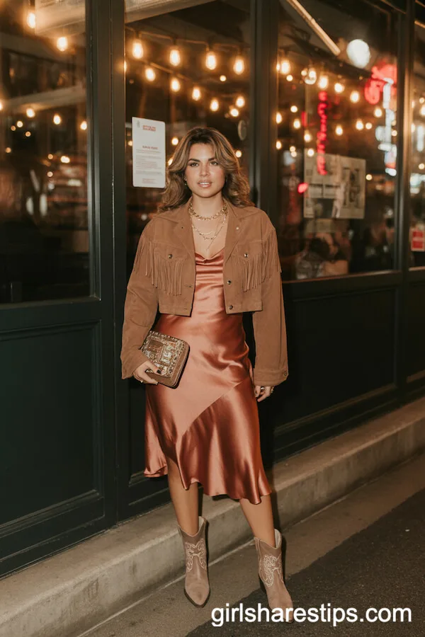 Copper Satin Slip Dress with Suede Jacket Inspiration