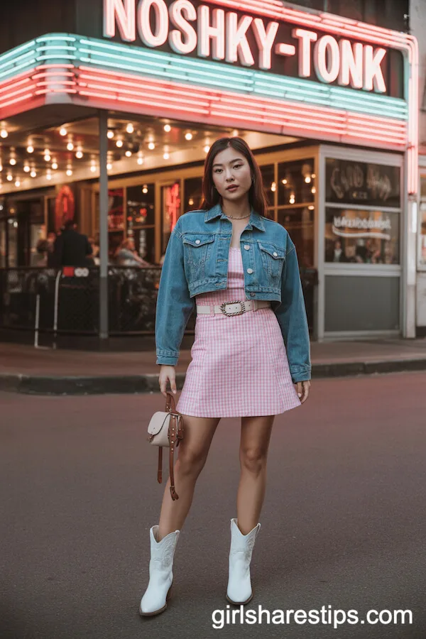 Pink Gingham Dress with White Boots Cowgirl Look