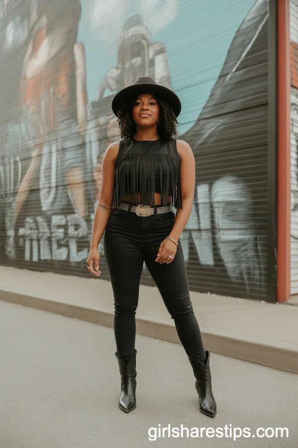 Black Skinny Jeans and Fringe Crop Top Idea