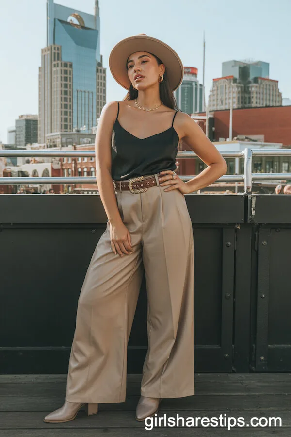 Beige Wide-Leg Trousers and Silk Camisole Outfit