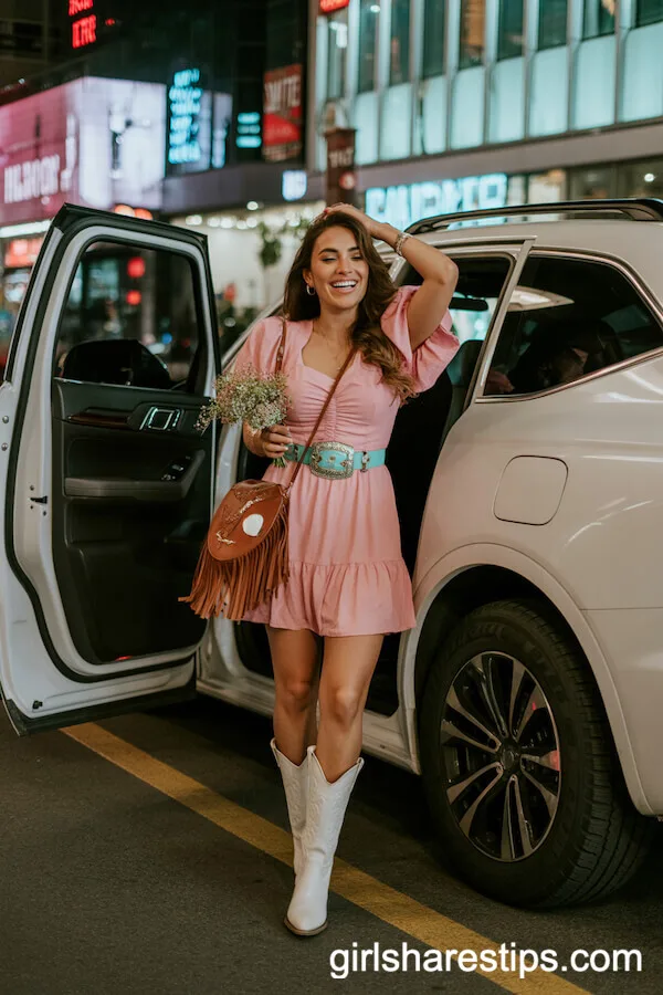 Pink Ruffled Mini Dress with Turquoise Belt
