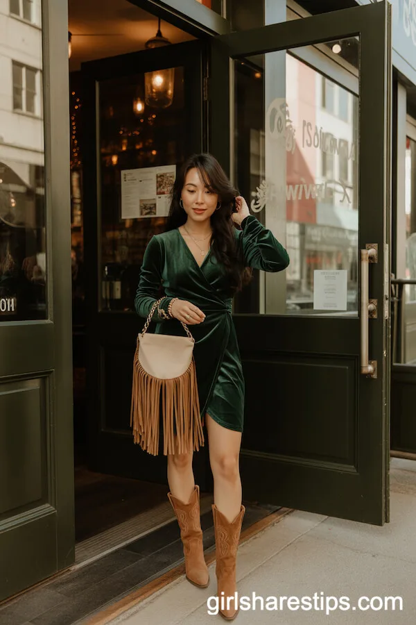 Green Velvet Wrap Dress Tan Western Boots