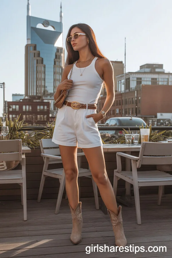 White Shorts and Tan Leather Western Belt
