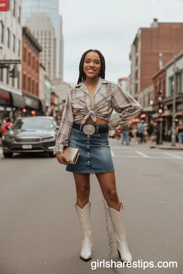 Denim Mini Skirt and Tied Plaid Blouse Look