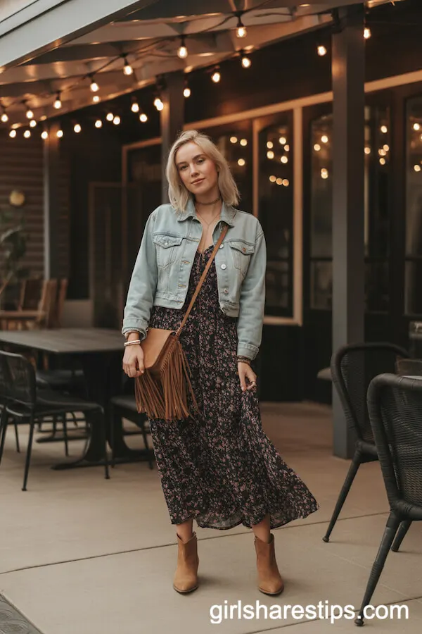 Floral Maxi Dress with Light Denim Jacket Style