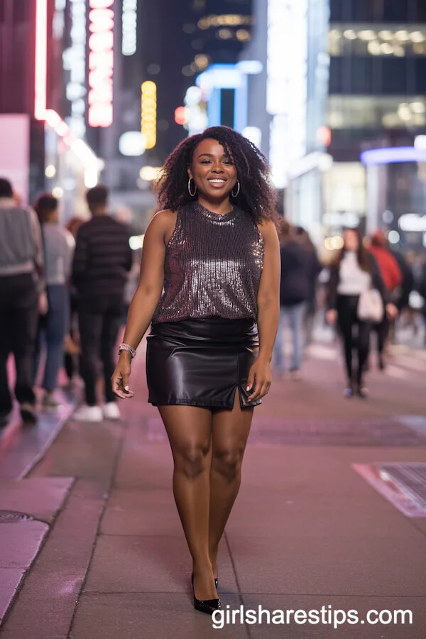 Black Faux Leather Skirt and Sequined Top Ensemble
