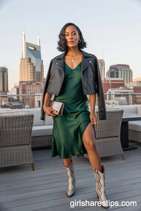 Emerald Satin Slip Dress with Leather Jacket Outfit