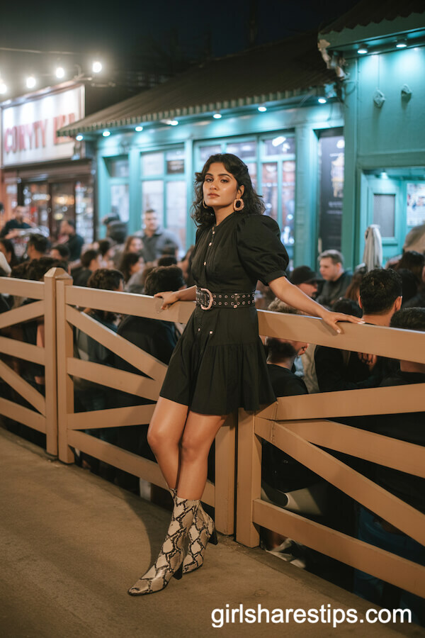 Little Black Dress and Snakeskin Boots Combo  

The timeless little black dress (LBD) paired with snakeskin boots creates a striking balance of elegance and edge. The sleek silhouette of the LBD offers sophistication, while the textured, bold pattern of the snakeskin boots adds a rebellious vibe.  

- Styling Tips:  
  - Opt for a fitted or midi-length LBD to contrast with the boots’ daring aesthetic.  
  - Keep accessories minimal (e.g., delicate gold jewelry) to let the boots shine.  
  - Layer with a leather jacket or tailored blazer for added attitude.  

- Occasions: Perfect for nights out, concerts, or any event where you want to merge classic glamour with a fierce twist.  

The combo effortlessly blends versatility with statement power, making it a wardrobe staple for bold, modern looks.