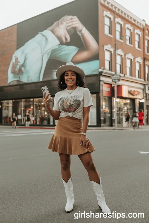 Tan Suede Skirt Graphic Tee Western Style