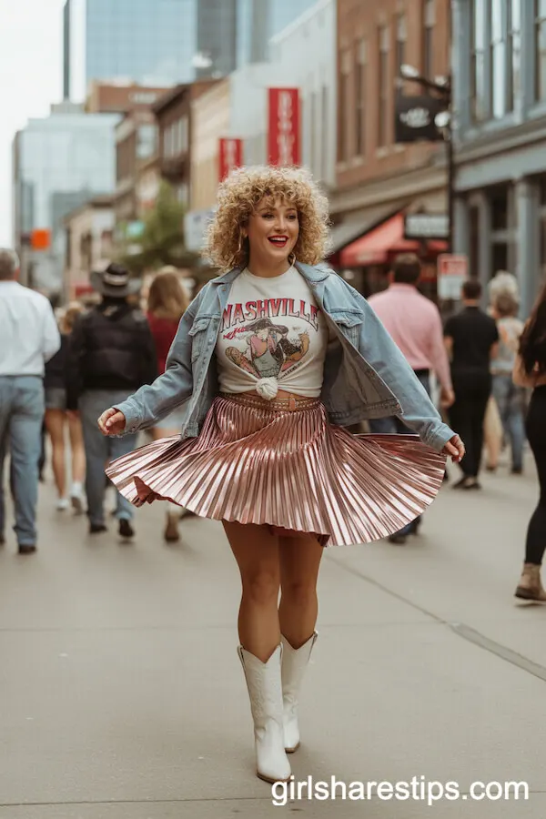 Metallic Skirt with Cowgirl Tee and Boots Outfit