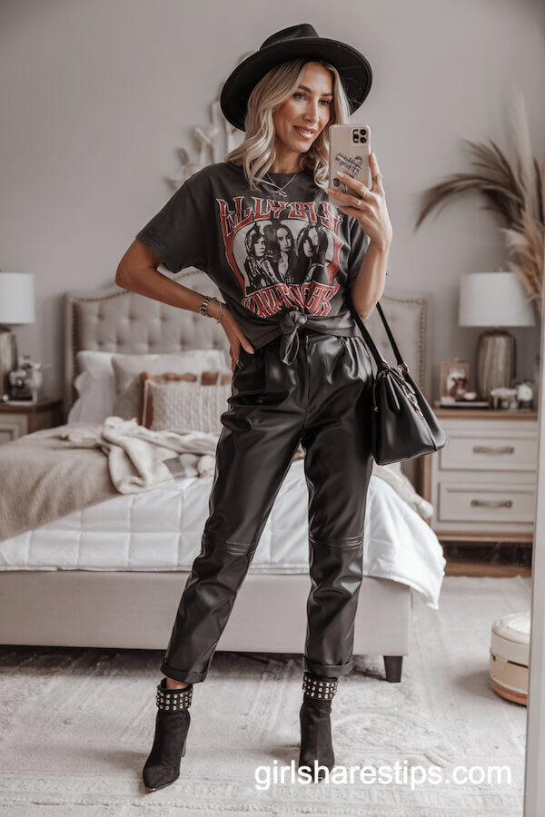 Band Tee & Leather Pants with Studded Boots