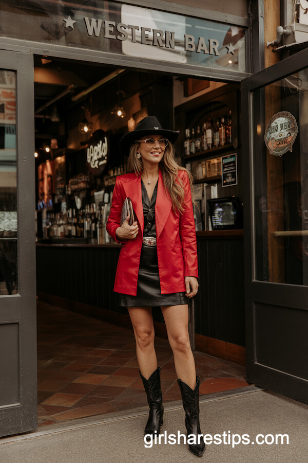Red Blazer & Mini Skirt Western-Inspired Look