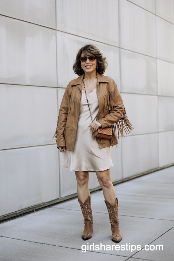 Cream Slip Dress with Fringed Jacket & Boots