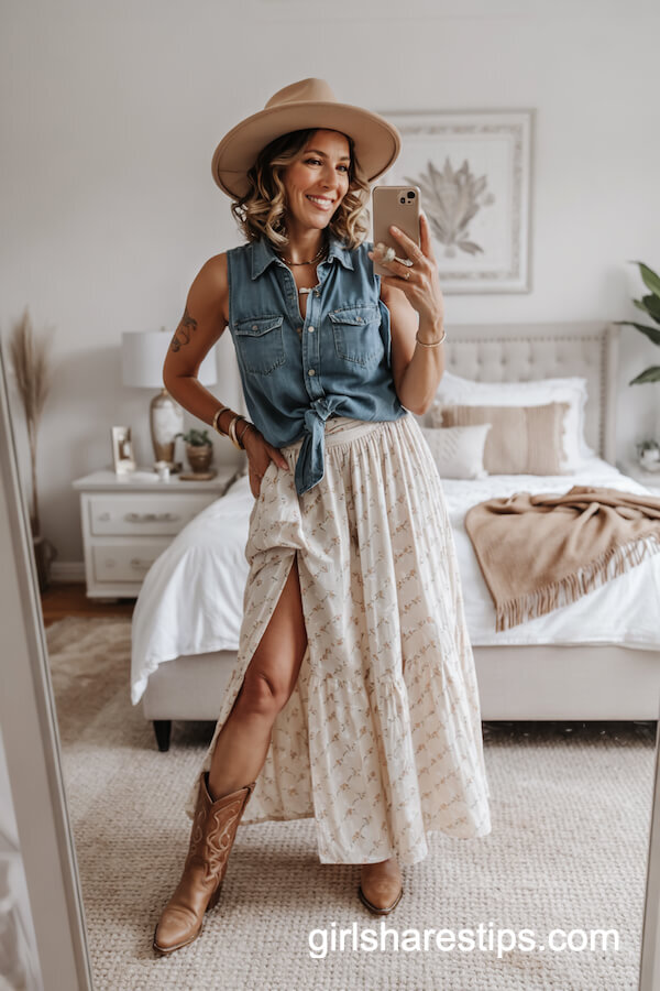 Chambray Top & Floral Maxi Skirt Nashville Style