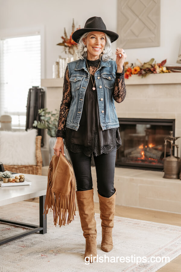 Denim Vest, Lace Top, and Fringe Boots