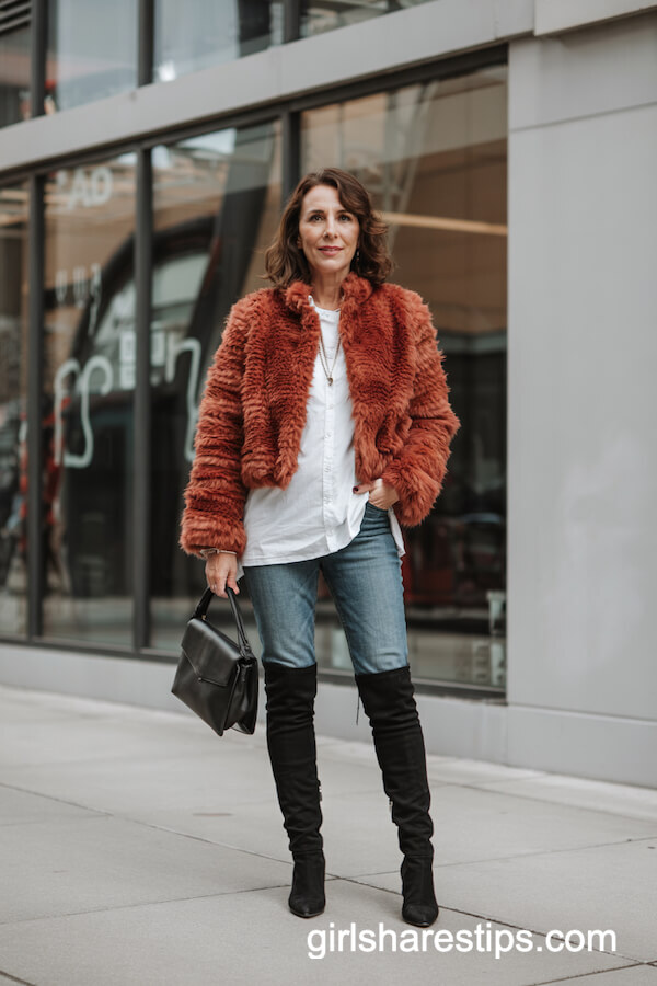 Faux Fur Jacket with Skinny Jeans and Thigh-High Boots