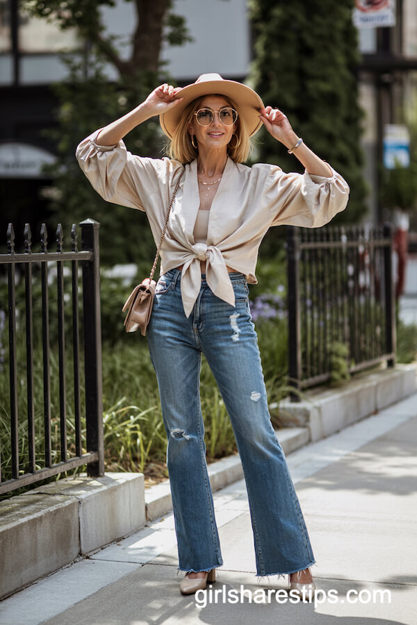 White Tie Blouse with Flared Distressed Jeans
